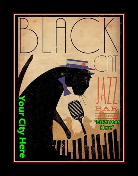 Personalized Black Cat Jazz Bar Poster, Unique Wall Art Gift