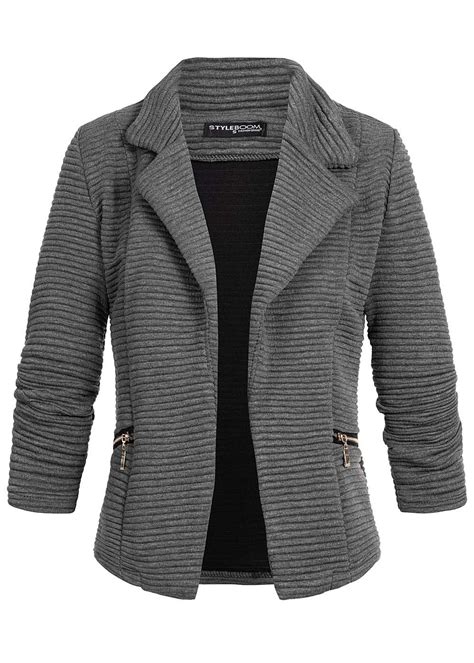 Styleboom Fashion Damen Ripp Blazer 2 Deko Zip Taschen dunkel grau - 77onlineshop