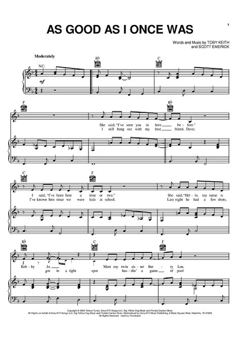 Buy "As Good As I Once Was" Sheet Music by Toby Keith for Piano/Vocal/Chords