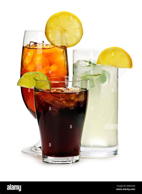 Group of three soft drinks in various glasses with garnish Stock Photo - Alamy