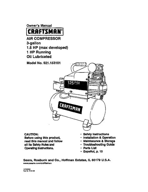 Craftsman 921153101 User Manual AIR COMPRESSOR Manuals And Guides L0512094