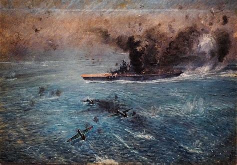 "The Battle of The Coral Sea" by Kenichi Nakamura, 1943-Japanese wartime painting of Nakajima ...