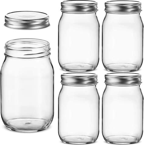 Glass Regular Mouth Mason Jars, 16 Ounce Glass Jars with Silver Metal Airtight Lids for Meal ...