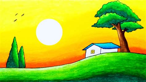 How to Draw Easy Scenery of Sunset, Trees and House | Super Simple ...