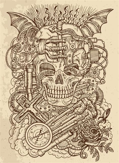 Mystic Drawing with Scary Skull, Steampunk Symbols, Rose, Demon Wings, Cross, Cogs and Wheels on ...