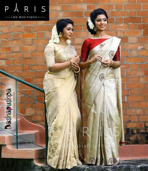 Red blouse for off white saree | Set saree, Kerala saree blouse designs, Elegant saree