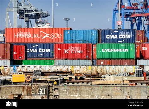 Container of different shipping companies in the Hamburg harbour, Germany, Europe Stock Photo ...