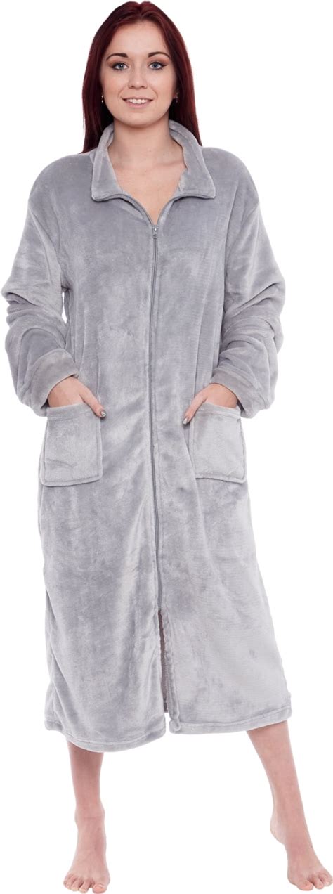 Silver Lilly Women's Full Length Zip Up Robe - Plush Fleece Long Zipper Housecoat (Light Grey ...