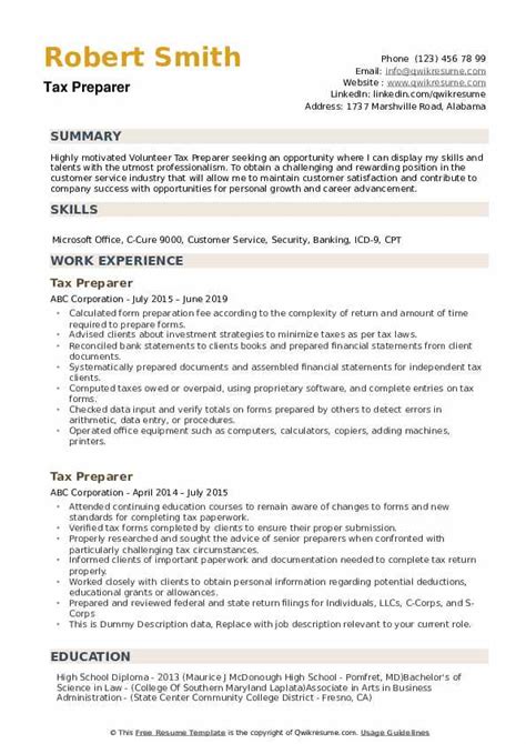 Tax Preparer Resume Samples | QwikResume