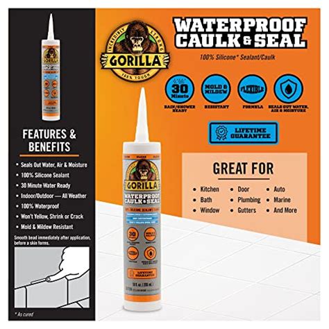 Gorilla Waterproof Caulk & Seal 100% Silicone Sealant, 10oz Cartridge ...