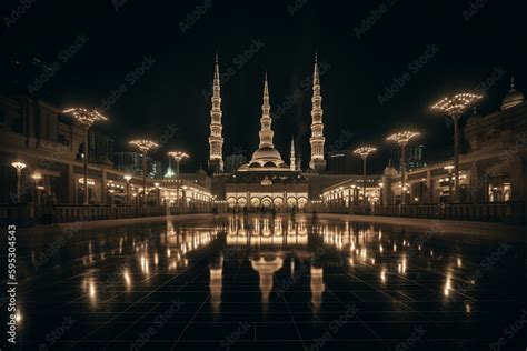 Night view of grand Nabawi mosque. Generative AI Stock Illustration | Adobe Stock