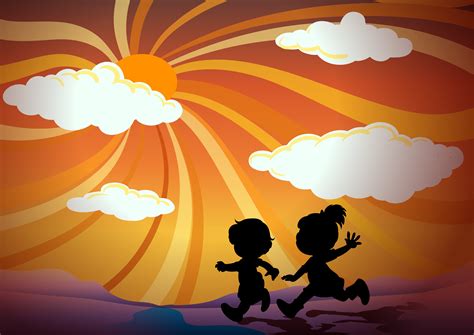 Silhouette children running at sunset 358832 Vector Art at Vecteezy