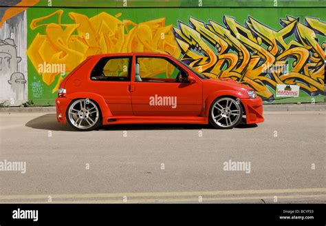 modified modded car - French hatchback Peugeot 106 lowered with body Stock Photo, Royalty Free ...