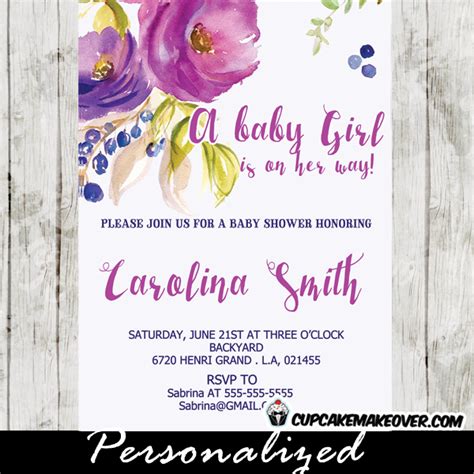 Watercolor Purple Floral Baby Shower Invitations, Personalized - Cupcakemakeover