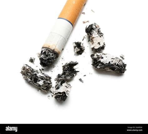 Cigarette with ashes on white background, closeup Stock Photo - Alamy