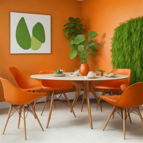 Premium AI Image | Orange leather chairs at round dining table against ...