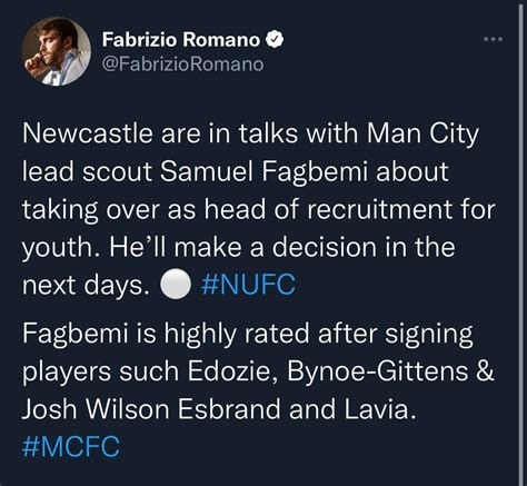 Tweet from Fabrizio Romano: “Newcastle are in talks with Man City lead scout Samuel Fagbemi” : r ...