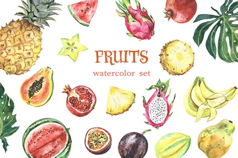 Watercolor tropical fruit clipart. Summer clip art. Fruit set By Evgeniia Grebneva Painting ...