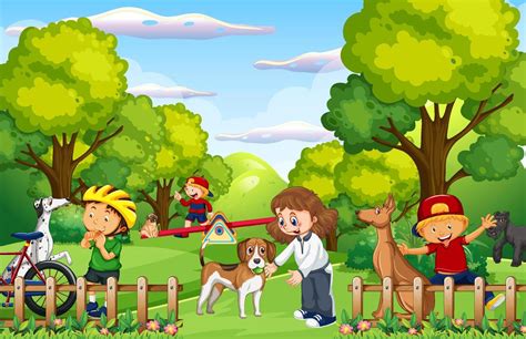 niños jugando con sus animales en el parque. 6158254 Vector en Vecteezy