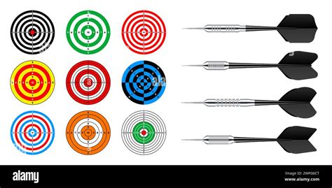 Paper targets with dart arrows. Shooting range round target, divisions, marks and numbers. Gun ...