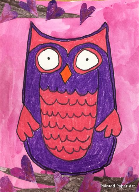 Valentine’s Day Owls – Painted Paper Art Valentine Activities, Art Activities, Art Lessons For ...