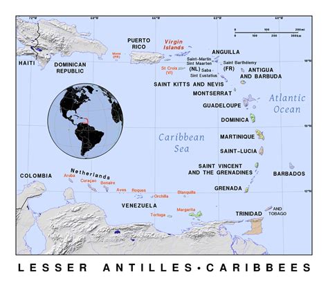 Palmetto Posters 14x12 Laminated Poster: Detailed political map of lesser antilles with relief ...