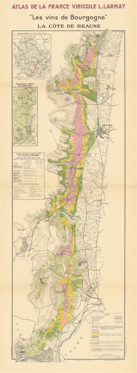 BURGUNDY BOURGOGNE WINE MAP La Côte de Beaune. Vineyards vignobles ...