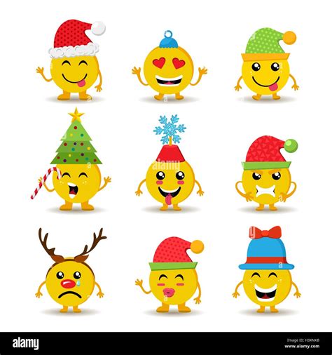 Set of holiday smiley faces, christmas emoji icons with cute seasonal ...