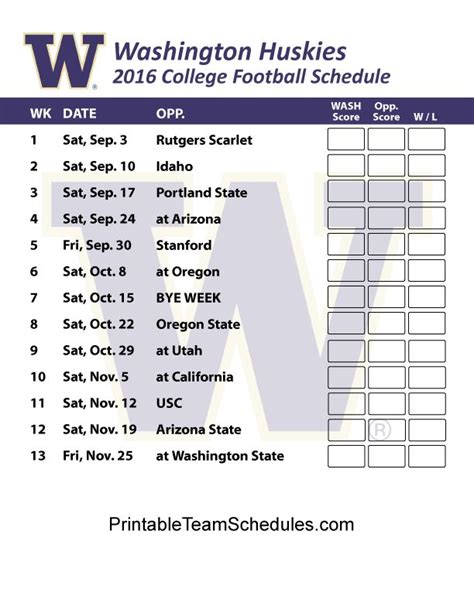 Printable Washington Huskies Football Schedule 2016 | Washington huskies football, Washington ...