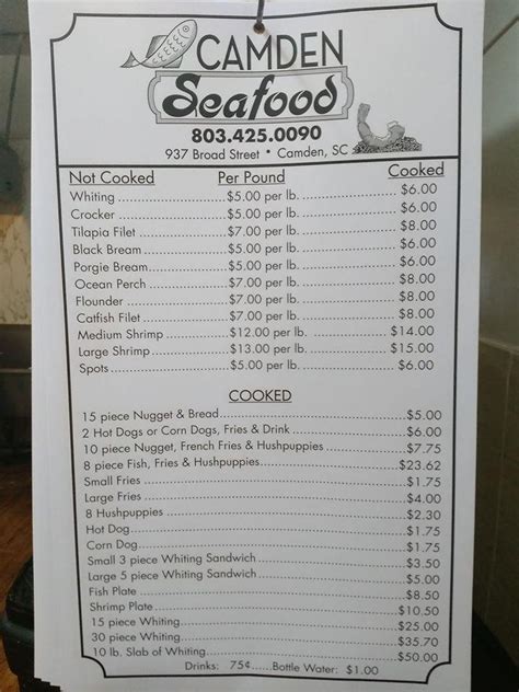 Menu at Camden Seafood restaurant, Camden