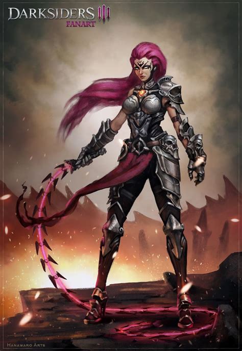 a woman with pink hair and armor standing on a rock in front of a dark sky