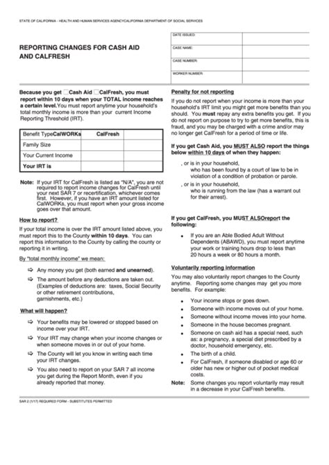 Fillable Form Sar 2 - Reporting Changes For Cash Aid And Calfresh printable pdf download