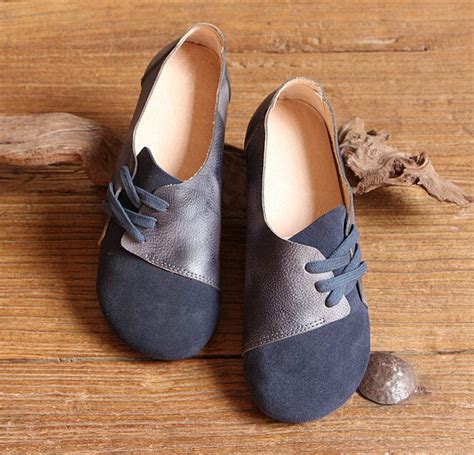 Handmade Women ShoesDark Blue Oxford Shoes Flat Shoes Retro