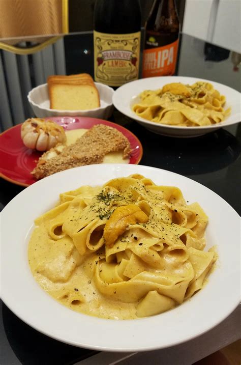 [Homemade] Uni Pasta w/ Fried Brie & Honey Roasted Garlic! : r/food