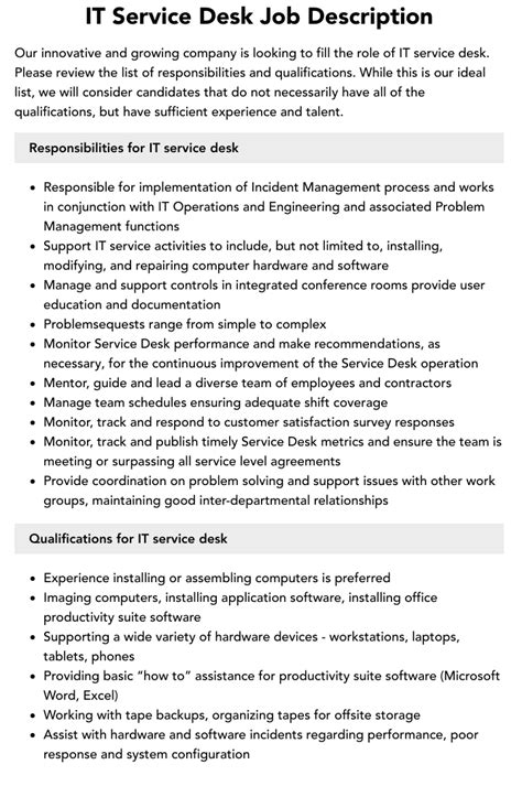 IT Service Desk Job Description | Velvet Jobs