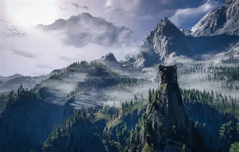 Wallpaper landscape, mountains, tree, The Witcher 3: Wild Hunt images for desktop, section игры ...