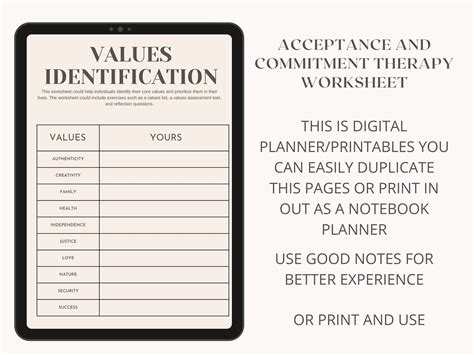 Printable Acceptance Therapy Worksheets Mindfulness, DBT, and ACT Techniques, CBT Values ...