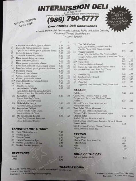 Menu at Intermission Deli restaurant, Saginaw