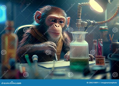 Monkey Doing Experiments in Lab. Illustration of a Curious Monkey ...