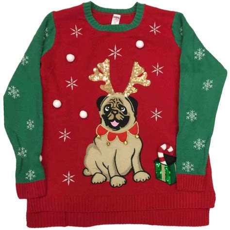Holiday - Womens Pug With Antlers Knit Sweater Sequin Christmas Puppy ...