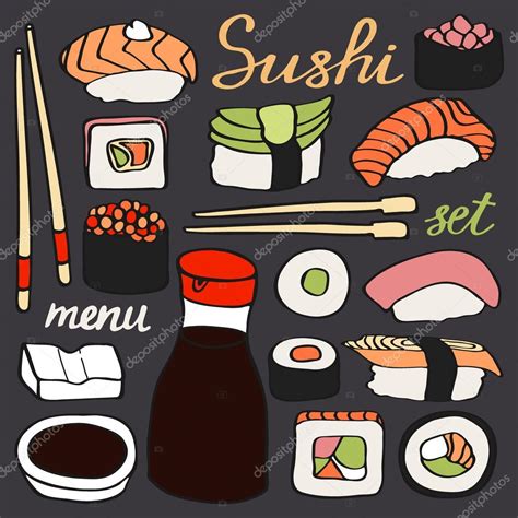 Sushi set. Hand-drawn cartoon collection of japanese food. Doodle drawing. — Stock Vector ...