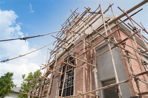 Bamboo Scaffolding in Construction Site. Stock Image - Image of hardhat ...