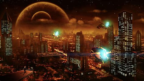 artwork, Futuristic, Spaceship, City, Digital Art, Sky, Night ...