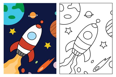 Simple Rocket in space coloring page for kids drawing education. Simple ...