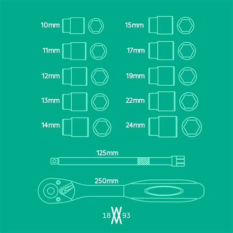 Tool Holder for Socket Wrench Set 12pcs 1/2" with Extension Bar and Sockets for Wall Mount 006 ...