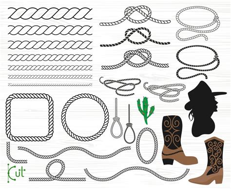 rope, cowboy boots and lasso clipart set on white woodgrain background