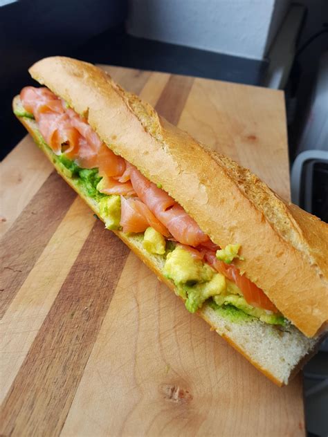 [Homemade] Simple French baguette sandwich with avocado and smoked salmon | Baguette sandwich ...