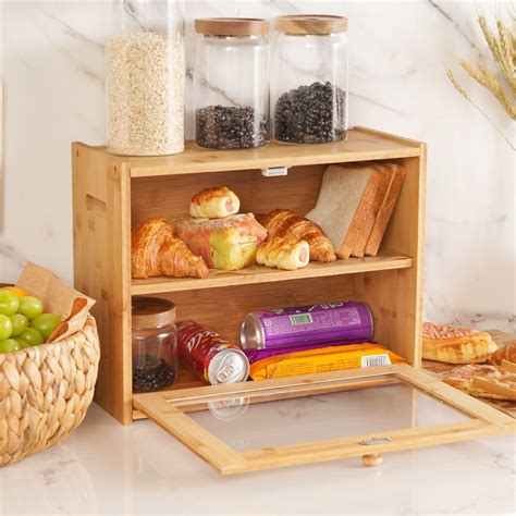 Superjoe Wooden Bread Box Bamboo 2 Shelf Bread Holder Large Capacity Bread Storage Food Storage ...