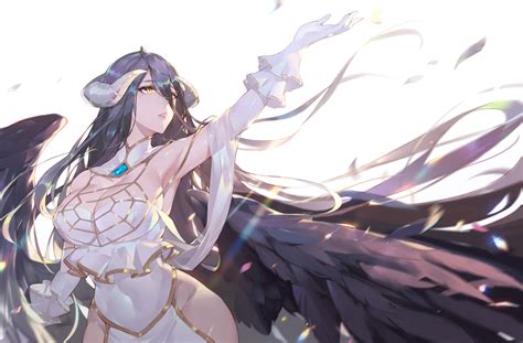 Wallpaper : white background, simple background, boobs, Albedo OverLord, cleavage, horns, long ...