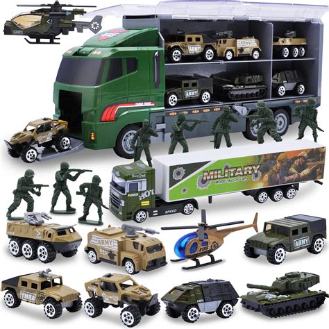 Buy JOYIN 19 in 1 Die-cast Army Toy Truck with Little Army Figures, Mini Vehicles in Big Carrier ...